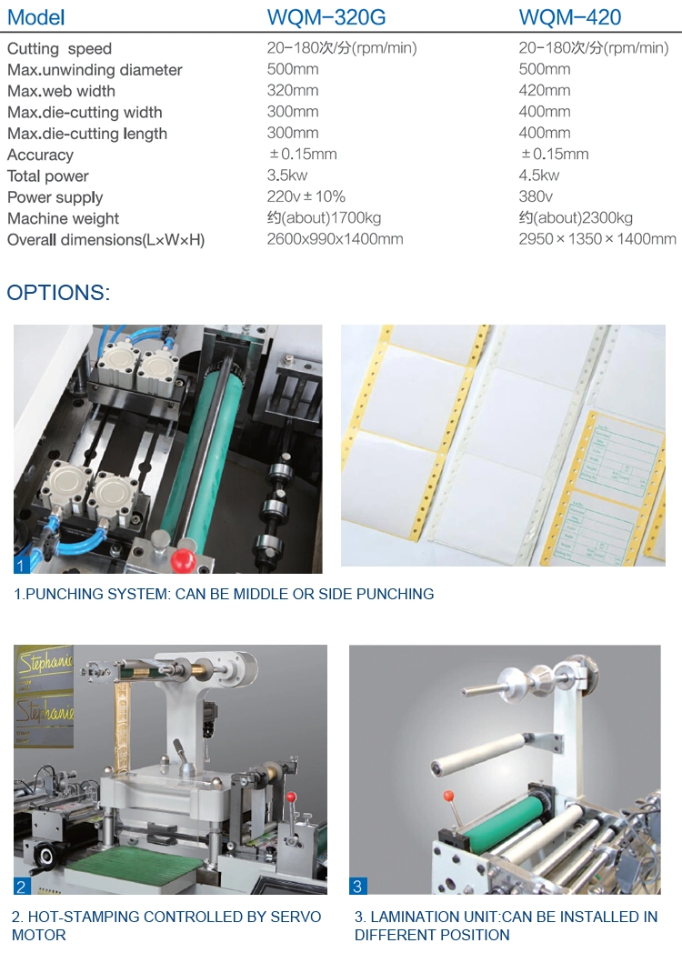 Wqm-420 Roll to Roll / Roll to Sheet / Label Die Cutting Machine with Hot Stamping / Lamination / Punching Function